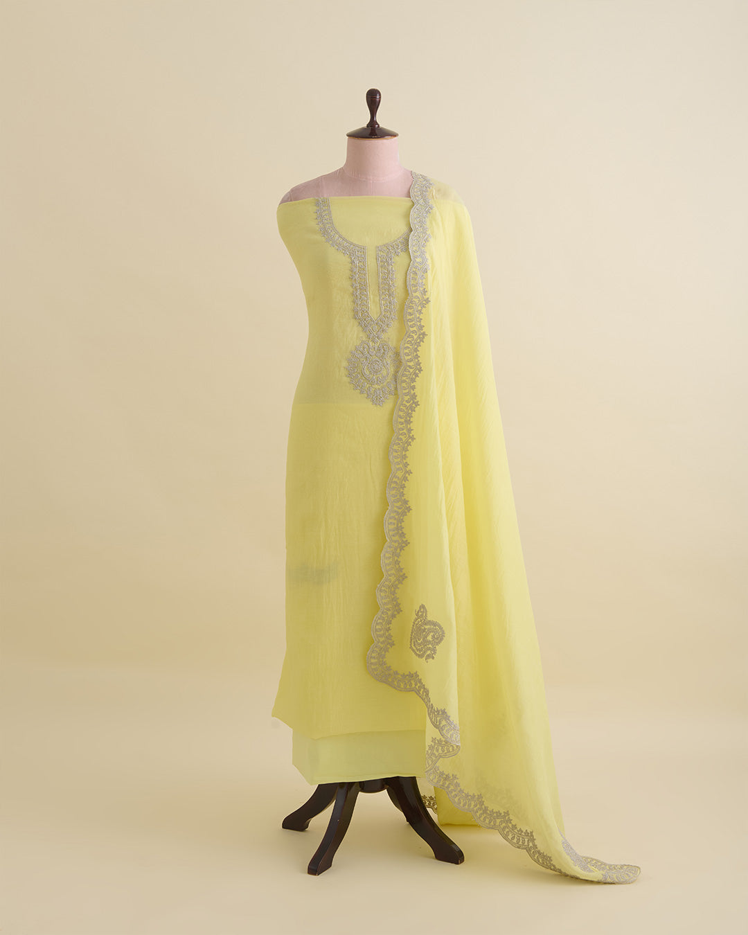 Yellow Mal Chanderi Kurta Set with Dori Work & Matching Dupatta