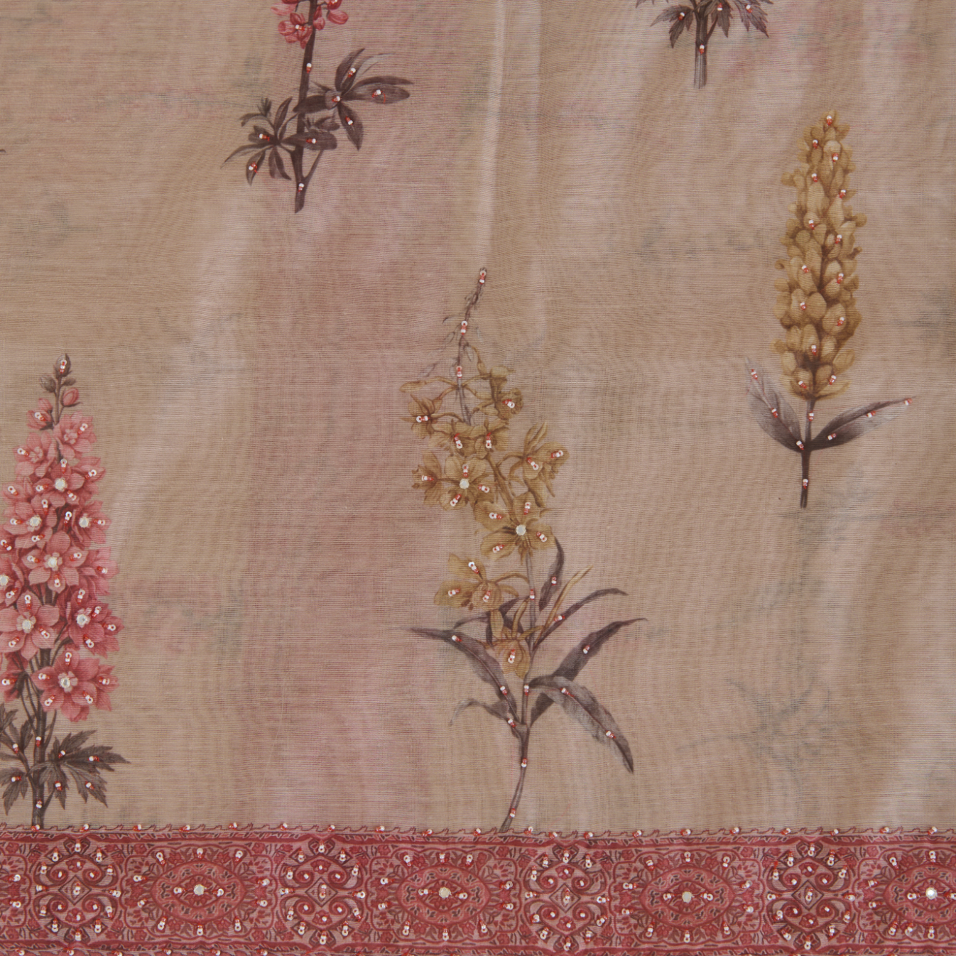 Beige Fine Chanderi Printed Suit with Pearl & Sequin Highlights