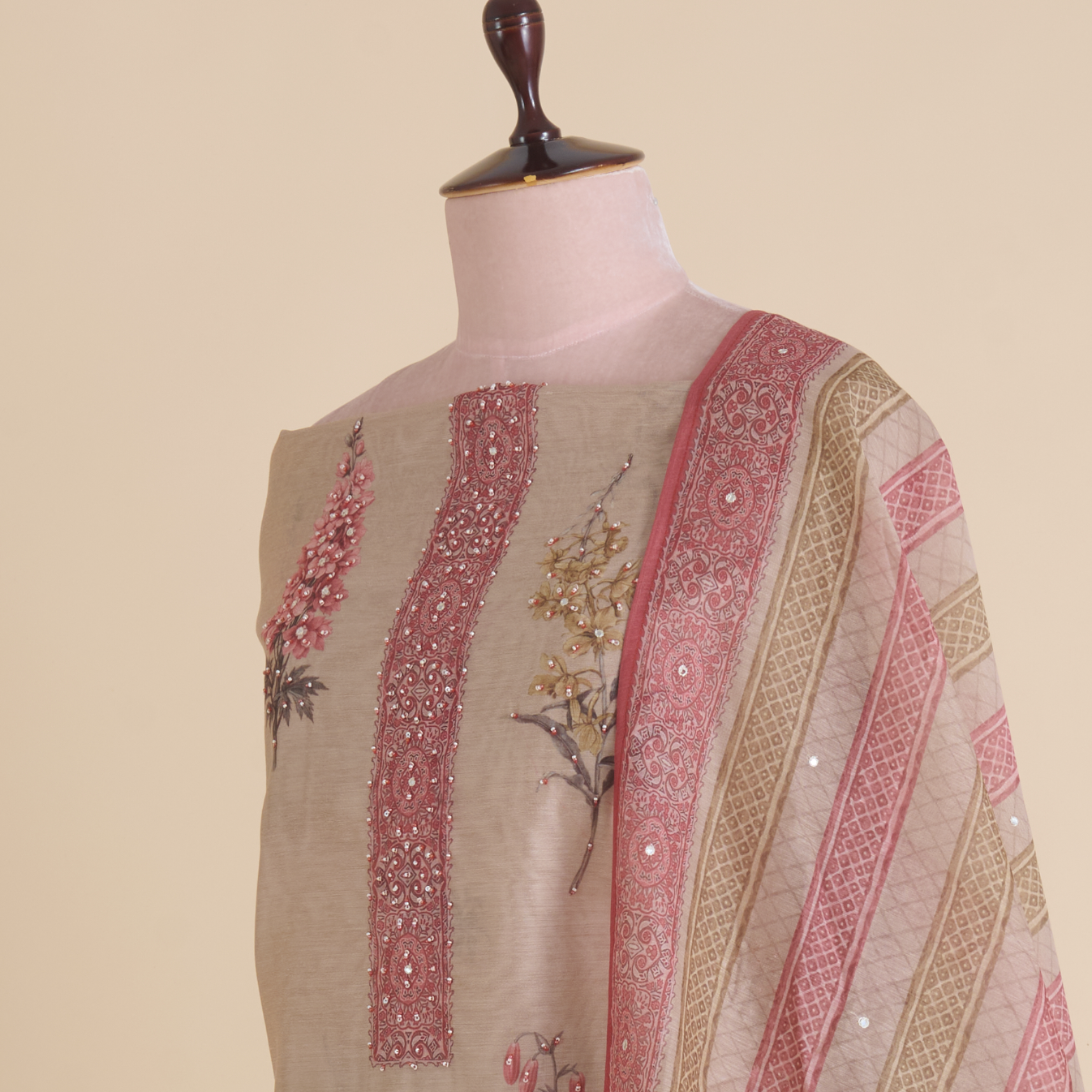 Beige Fine Chanderi Printed Suit with Pearl & Sequin Highlights