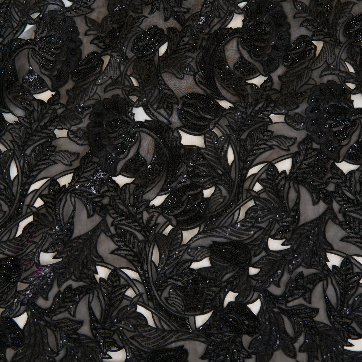 Black Glass Tissue Cut-Work Jaal with Cut-Dana Sequin Embroidery Fabric