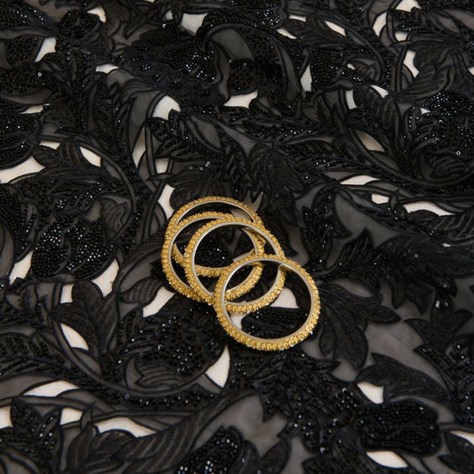 Black Glass Tissue Cut-Work Jaal with Cut-Dana Sequin Embroidery Fabric