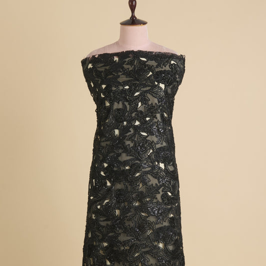 Black Glass Tissue Cut-Work Jaal with Cut-Dana Sequin Embroidery Fabric