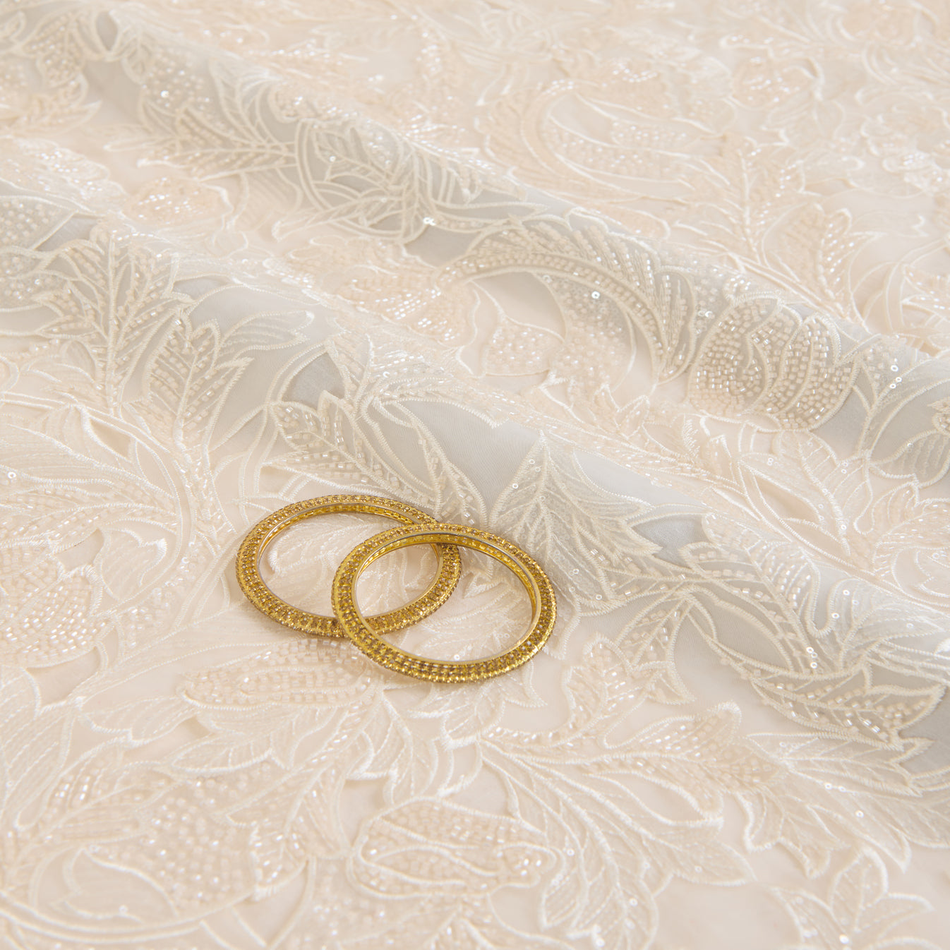 Cream Glass Tissue Cut-Work Jaal with Cut-Dana Sequin Embroidery Fabric