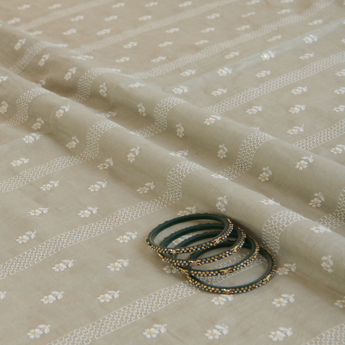 Grey Gauze Linen Resham Sequin Embroidered Stripes Buti Fabric
