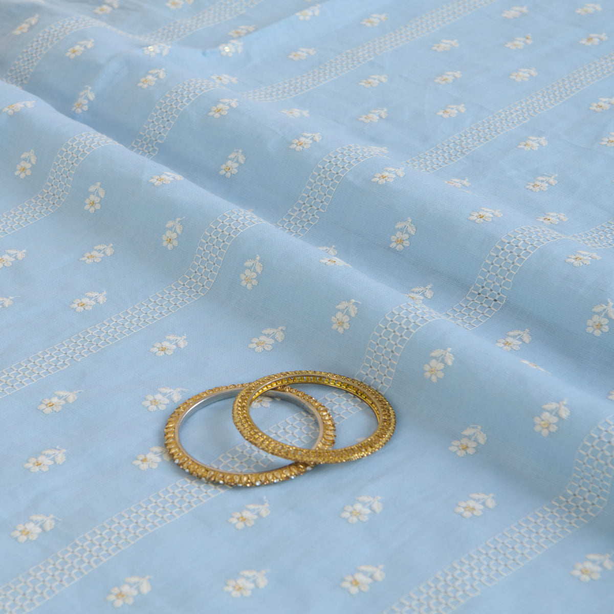 Powder Blue Gauze Linen Resham Sequin Stripes Buti Fabric