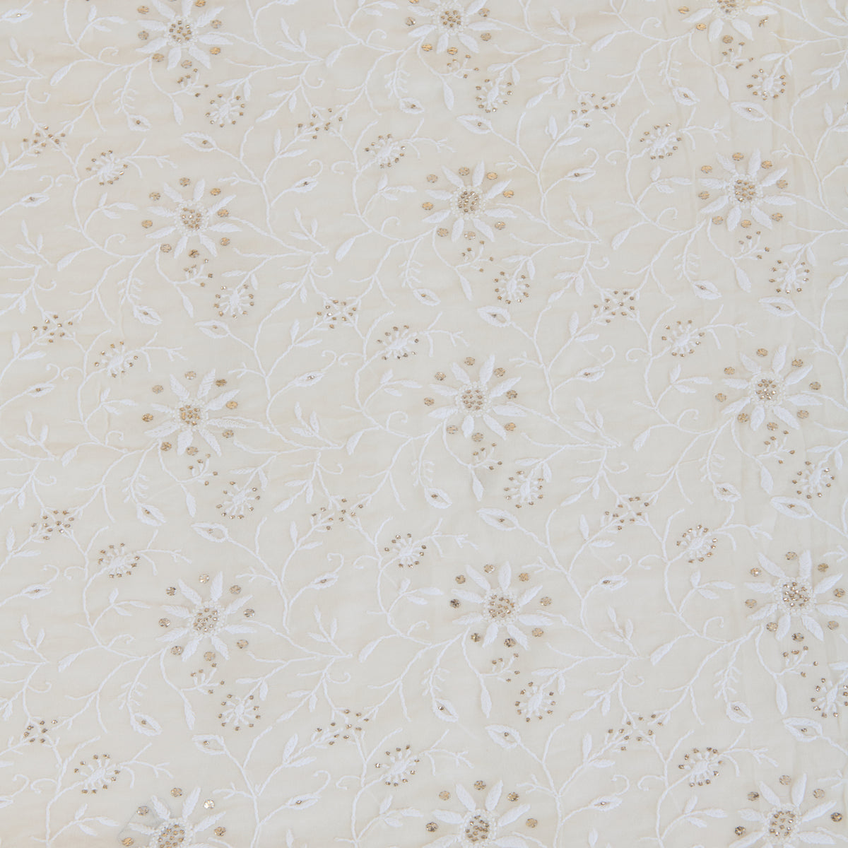 White Georgette Lucknowi Thread Badla Jaal Embroidery Fabric