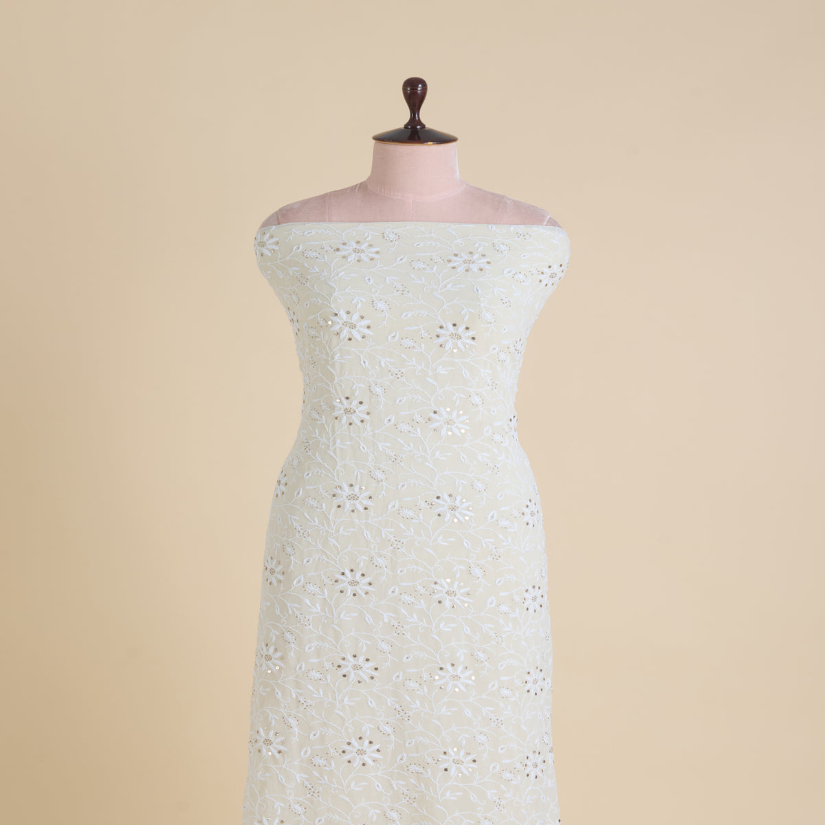 White Georgette Lucknowi Thread Badla Jaal Embroidery Fabric