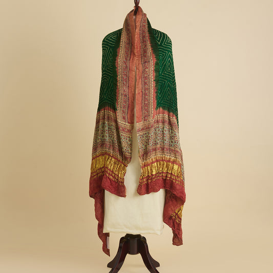 Bottle Green & Red Gajji Silk Bandhej Ajrakh Dupatta