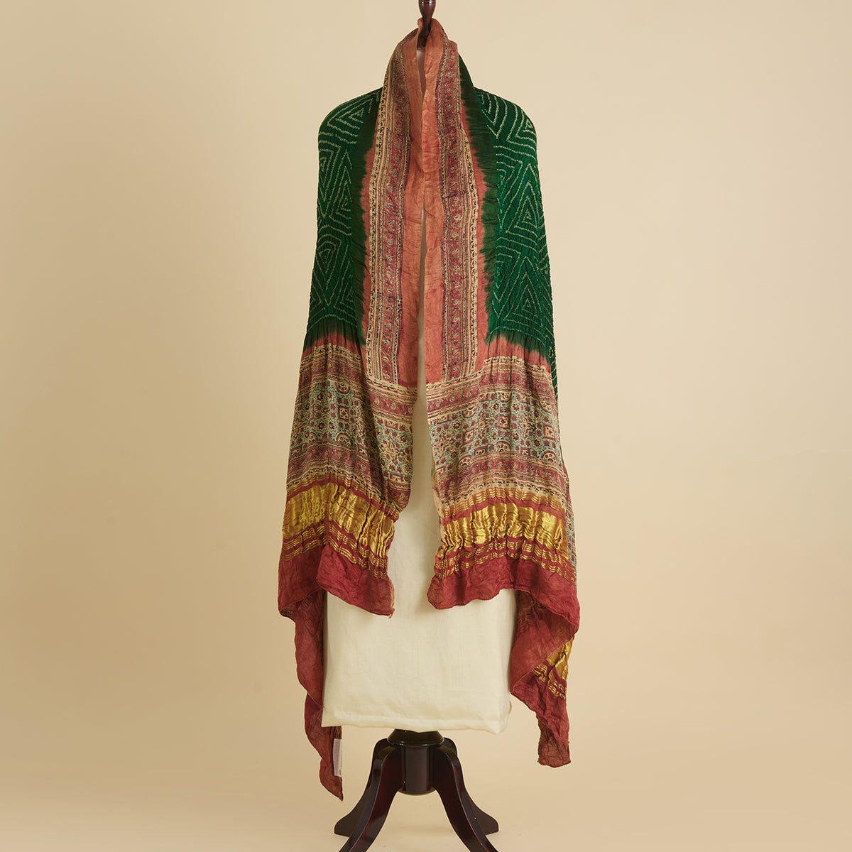 Bottle Green & Red Gajji Silk Bandhej Ajrakh Dupatta