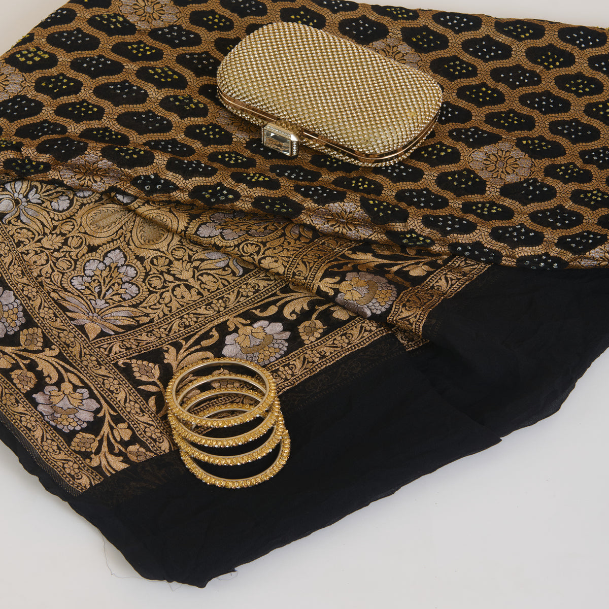 Black Georgette Bandhej Hand Woven Gold Geometric Dupatta