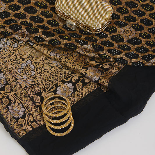 Black Georgette Bandhej Hand Woven Gold Geometric Dupatta