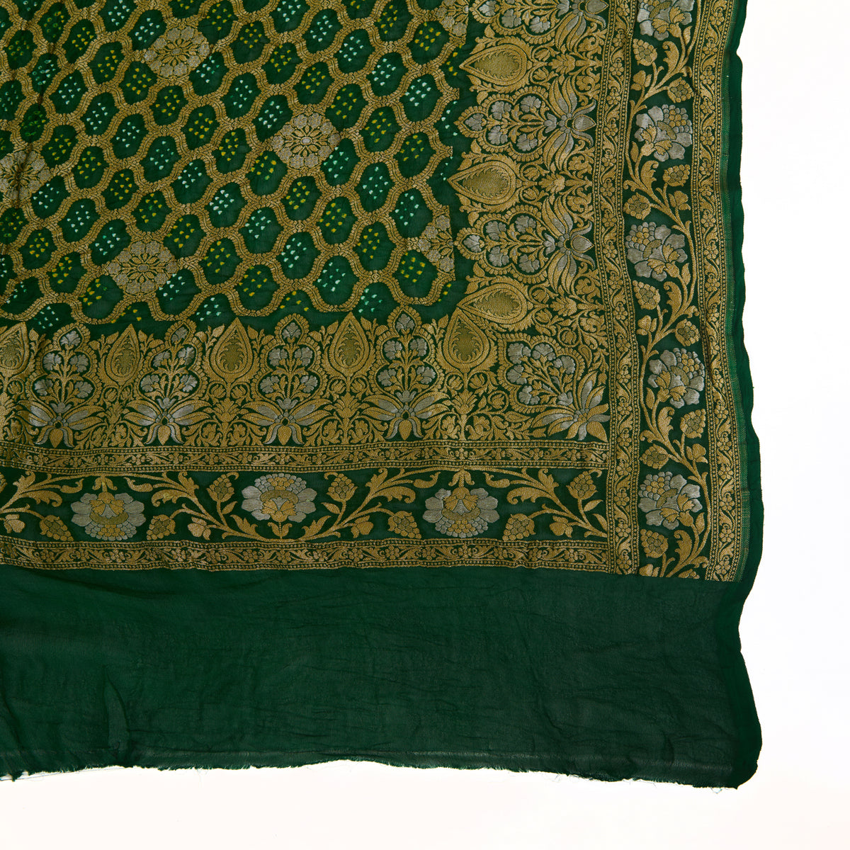 Bottle Green Georgette Bandhej Hand Woven Gold Geometric Dupatta