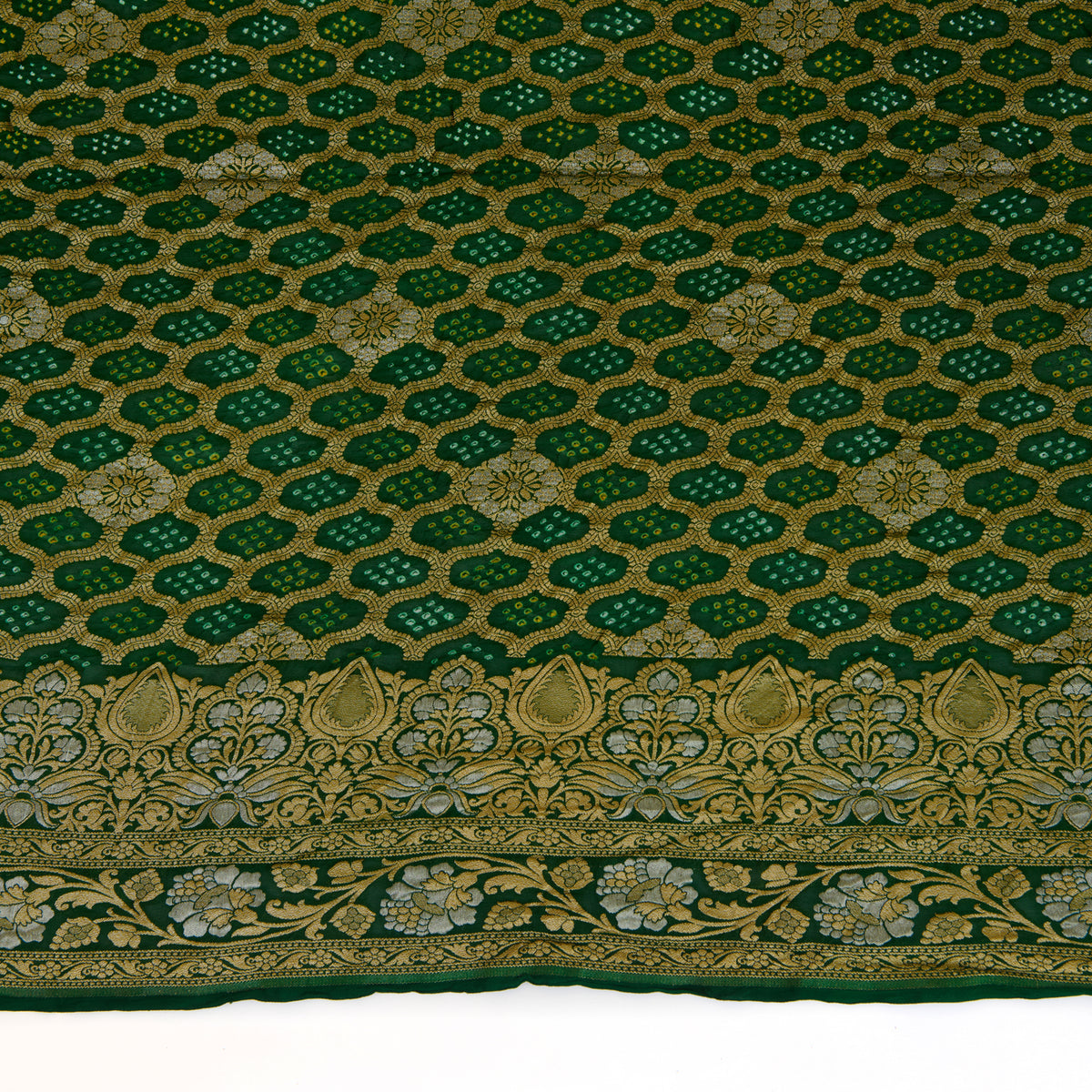 Bottle Green Georgette Bandhej Hand Woven Gold Geometric Dupatta