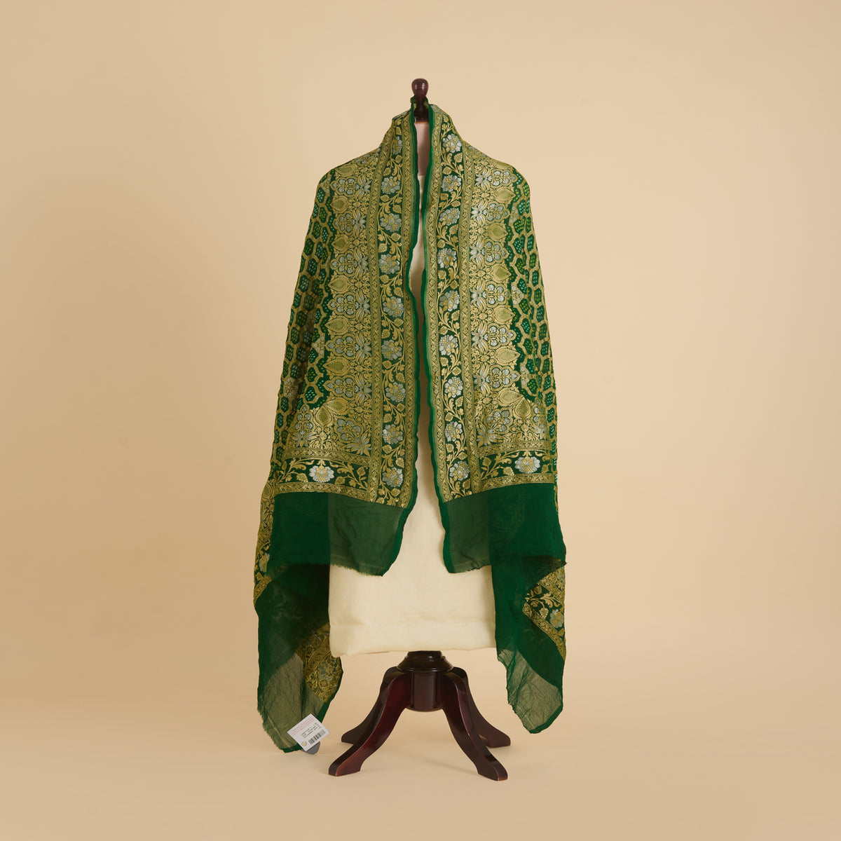 Bottle Green Georgette Bandhej Hand Woven Gold Geometric Dupatta