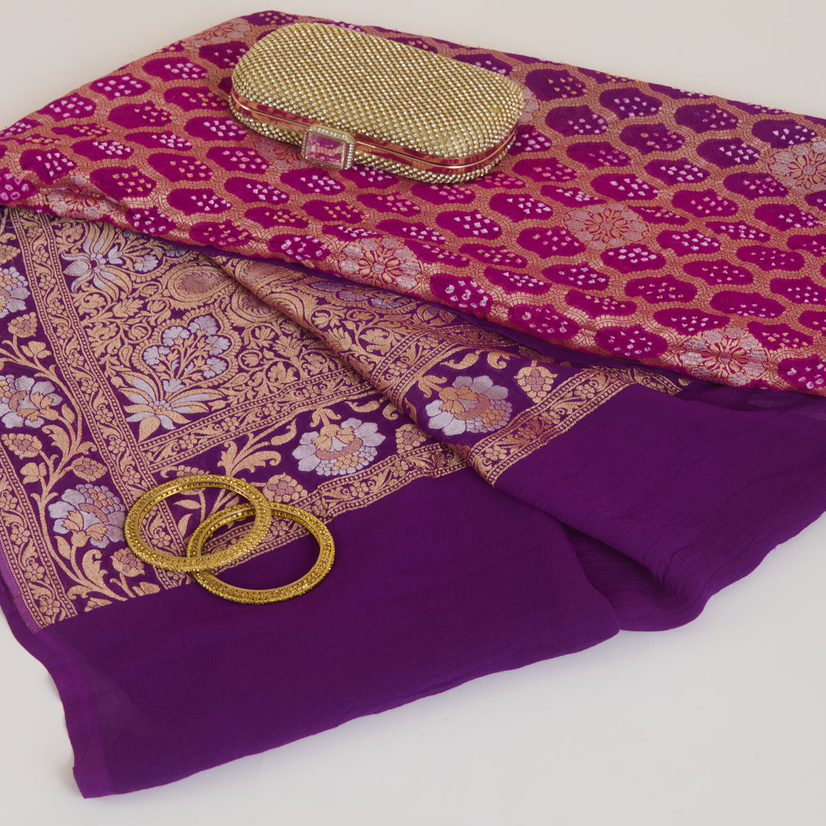 Dark Purple Georgette Bandhej Hand Woven Gold Geometric Dupatta