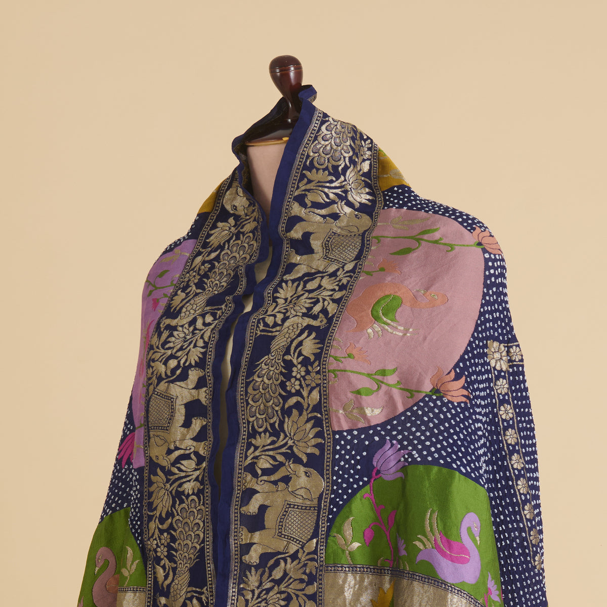 Dark Purple Georgette Bandhej Hand Woven Gold Resham Jaal Dupatta