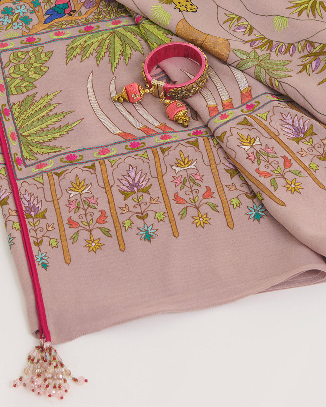 English Beige Georgette Pure Kashmiri Hand Work Dupatta