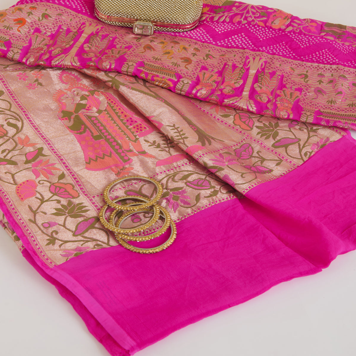 Fuchsia Pink Georgette Bandhej Hand Woven Gold Resham Jaal Dupatta