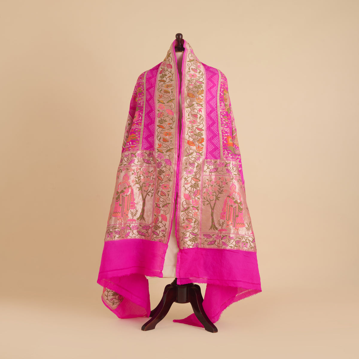 Fuchsia Pink Georgette Bandhej Hand Woven Gold Resham Jaal Dupatta