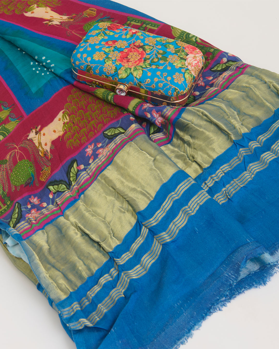 Pink & Rama Gaji Silk Bandhej Dupatta with Pichwai Printed Border