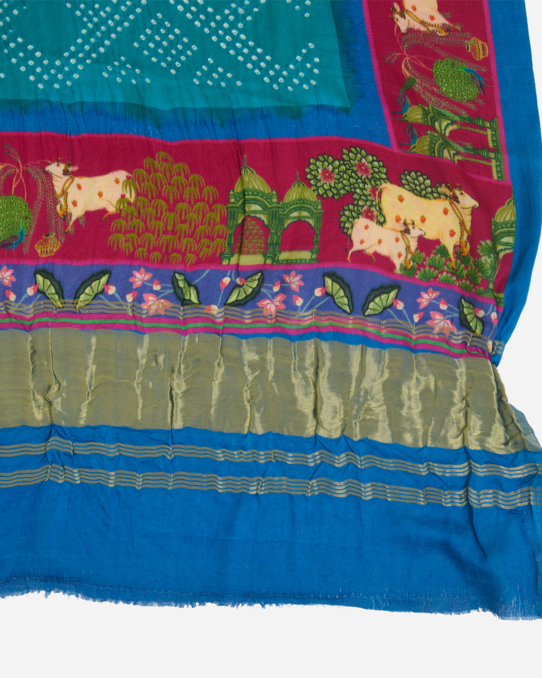 Pink & Rama Gaji Silk Bandhej Dupatta with Pichwai Printed Border