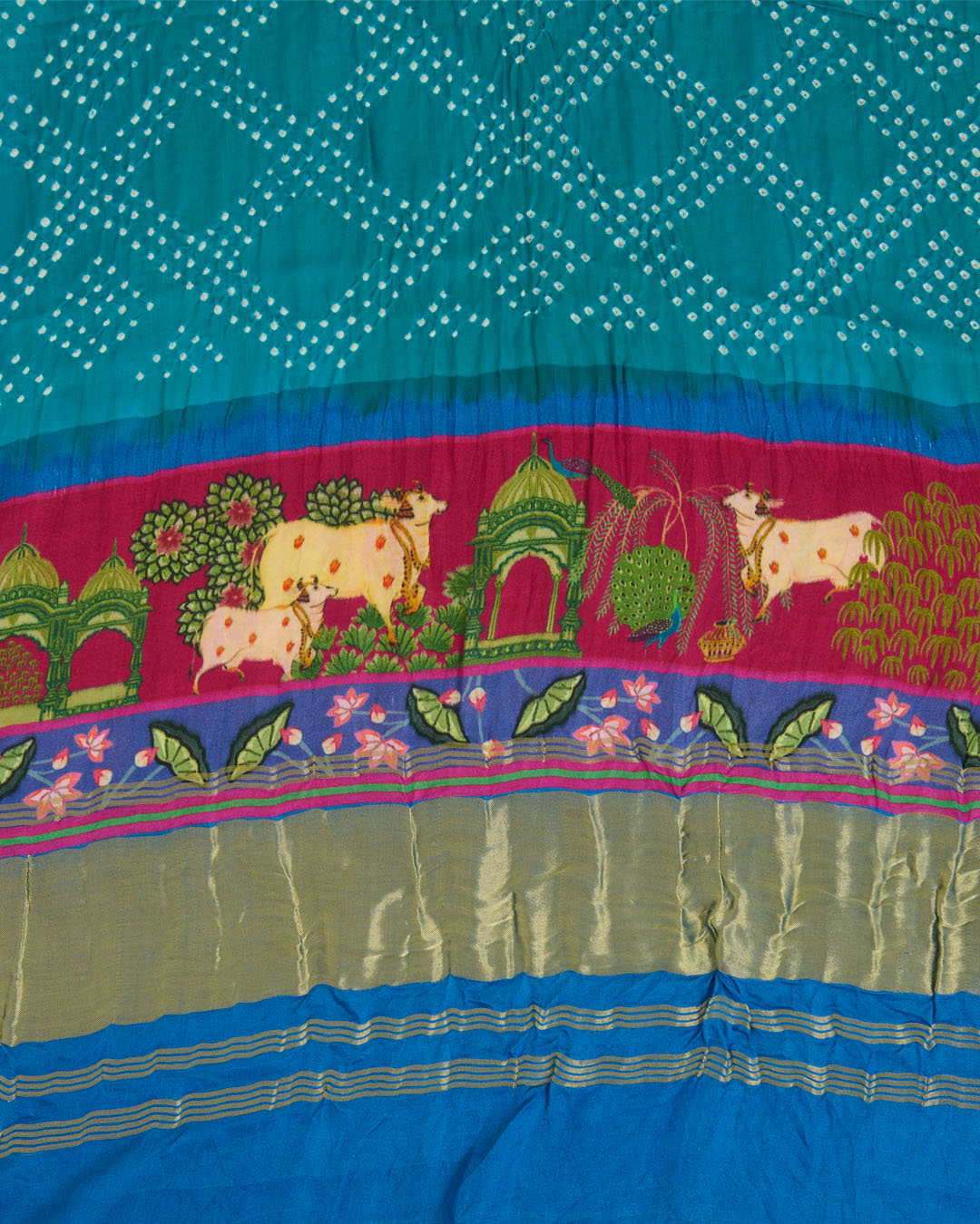 Pink & Rama Gaji Silk Bandhej Dupatta with Pichwai Printed Border