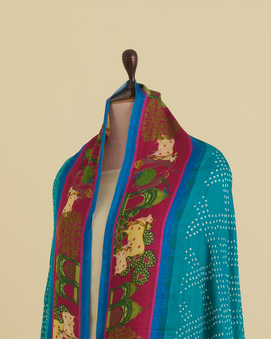 Pink & Rama Gaji Silk Bandhej Dupatta with Pichwai Printed Border