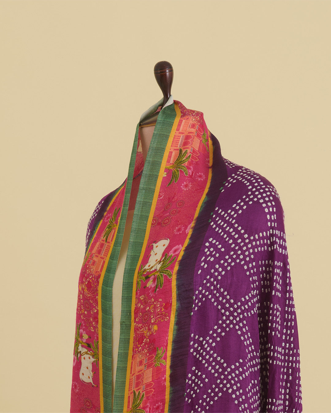Green & Purple Gaji Silk Bandhej Dupatta with Pichwai Printed Pallu