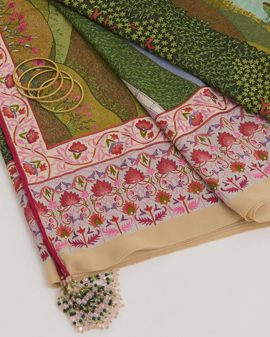 Green Georgette Pure Kashmiri Handwork Embroidery Dupatta