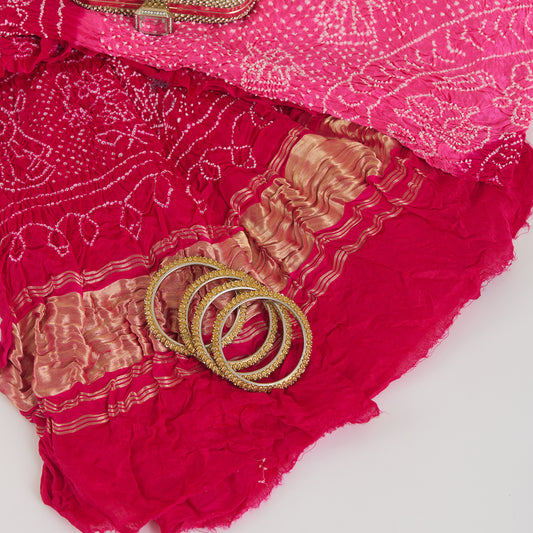 Light Pink Dark Pink Gaji Silk Bandhej Lagdi Patta Pallu Dupatta
