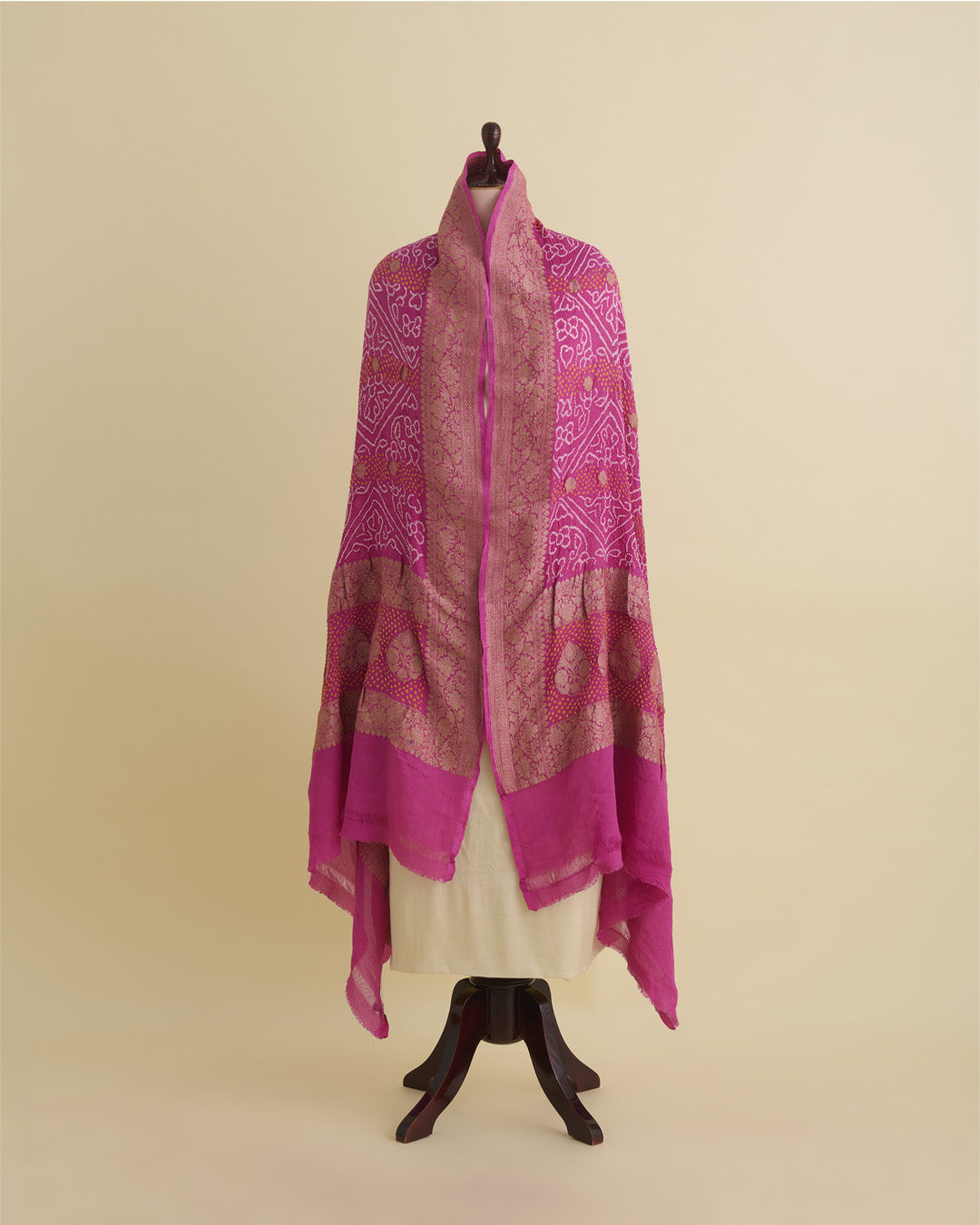 Mauve Georgette Bandhej Handwoven Dupatta with Gold Border