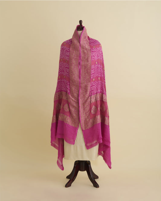 Mauve Georgette Bandhej Handwoven Dupatta with Gold Border