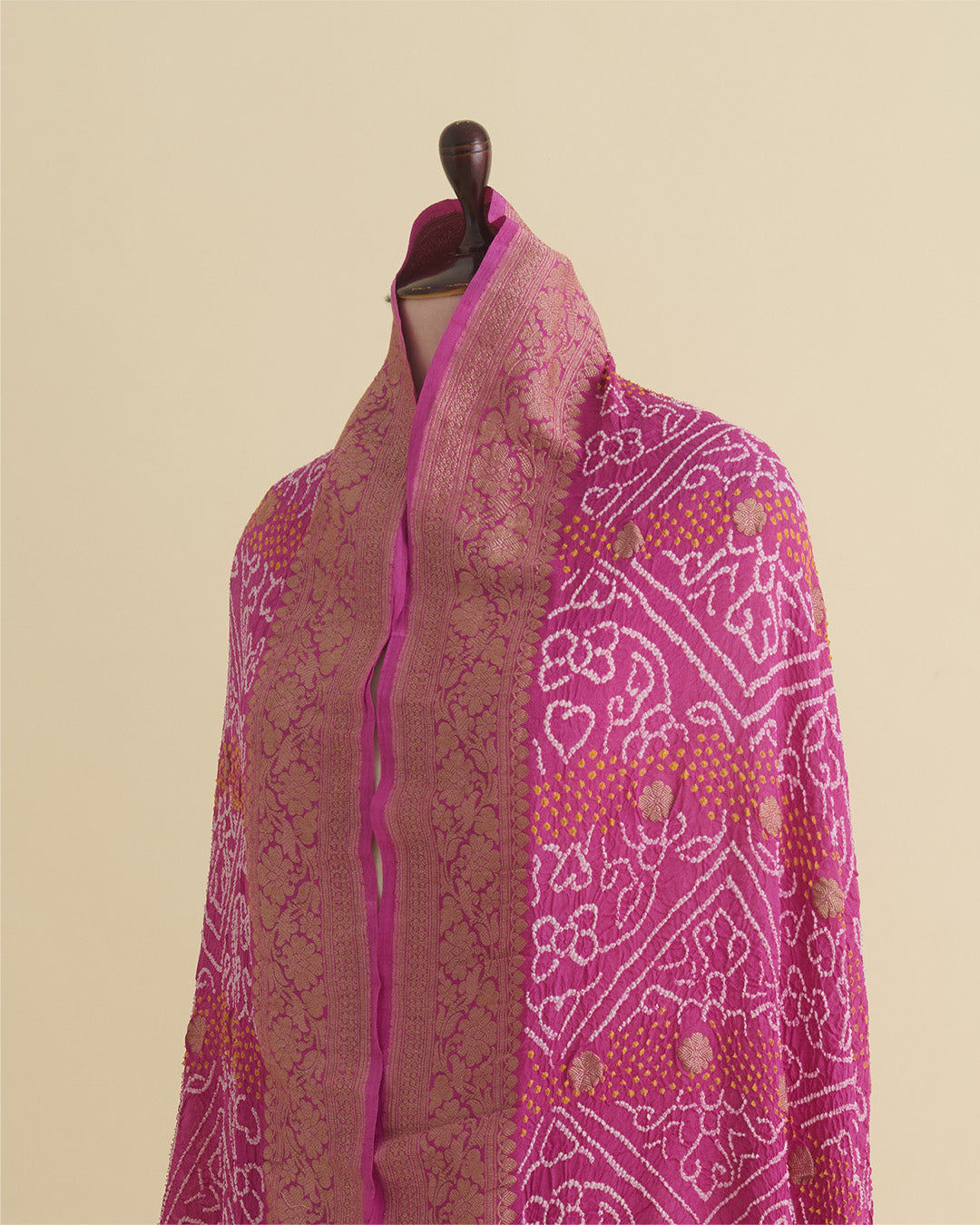 Mauve Georgette Bandhej Handwoven Dupatta with Gold Border