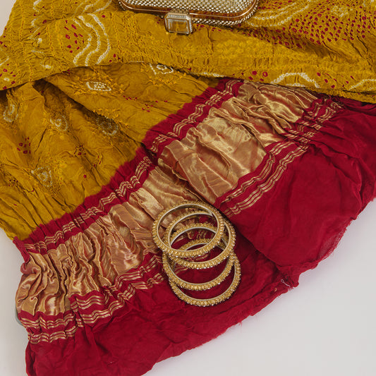 Mustard Red Gaji Silk Bandhej Lagdi Patta Pallu Dupatta