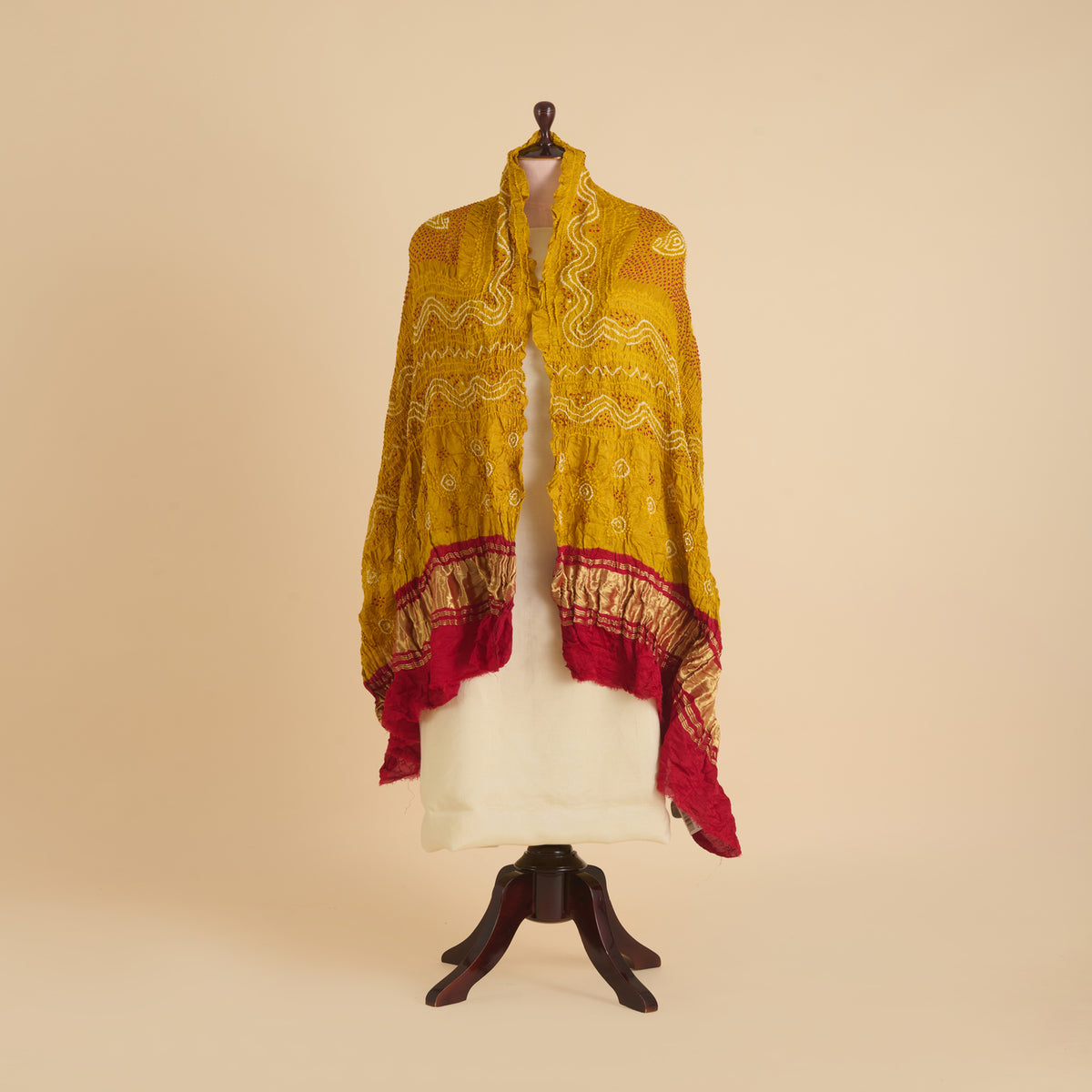 Mustard Red Gaji Silk Bandhej Lagdi Patta Pallu Dupatta