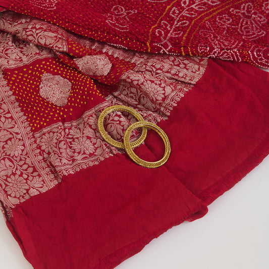 Maroon Georgette Bandhej Hand Woven Buta Gold Border Dupatta