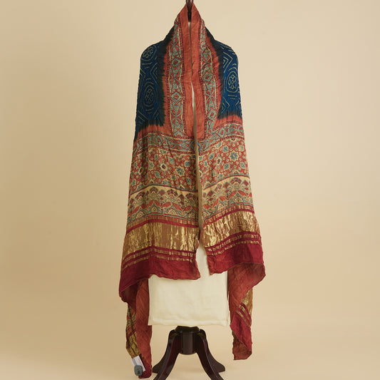Navy Blue Rust Beige Gajji Silk Bandhej Ajrakh Dupatta
