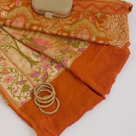 Orange Georgette Bandhej Hand Woven Gold Resham Jaal Dupatta
