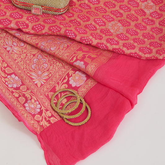 Pink Georgette Bandhej Hand Woven Gold Geometric Dupatta
