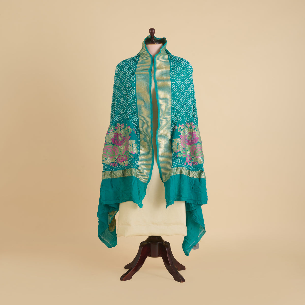Firozi Green Georgette Bandhej Hand Woven Gold Border Dupatta