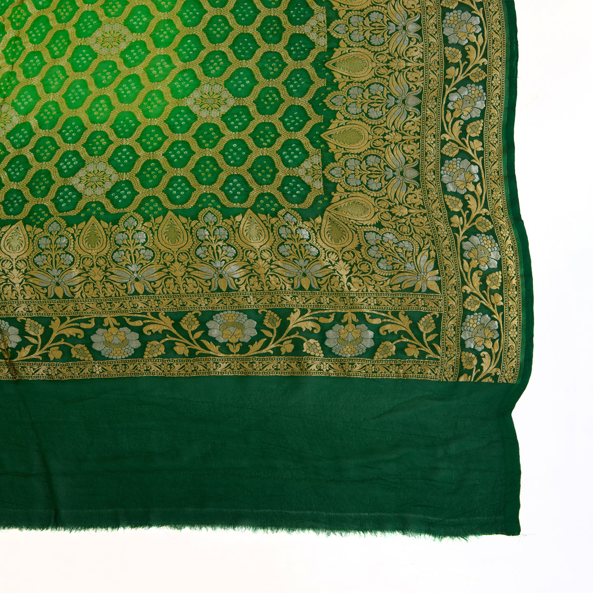 Parrot Green Georgette Bandhej Hand Woven Gold Geometric Dupatta
