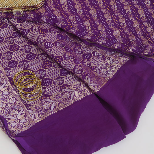 Purple Georgette Bandhej Hand Woven Gold Border Geometric Dupatta