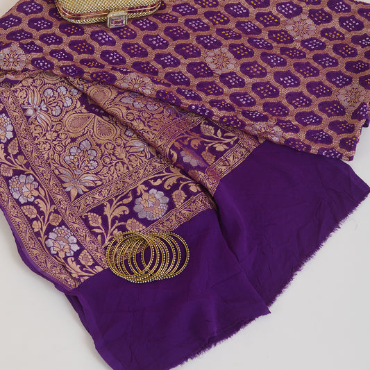 Purple Georgette Bandhej Hand Woven Gold Geometric Dupatta