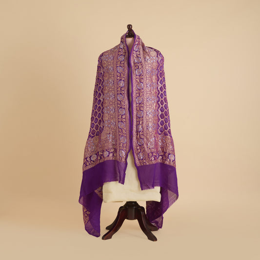 Purple Georgette Bandhej Hand Woven Gold Geometric Dupatta