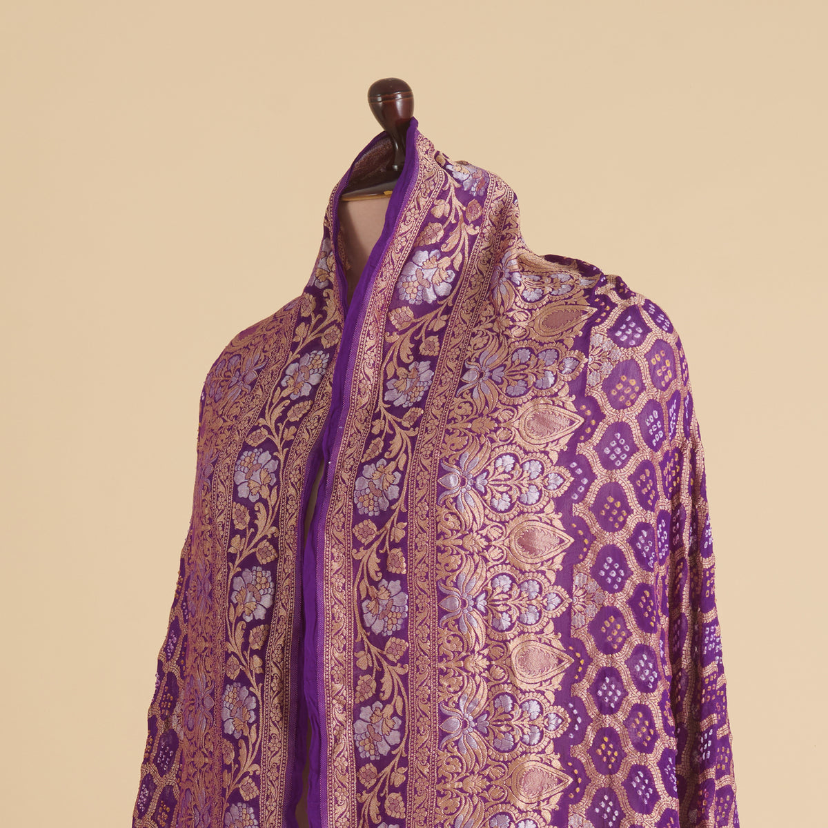 Purple Georgette Bandhej Hand Woven Gold Geometric Dupatta