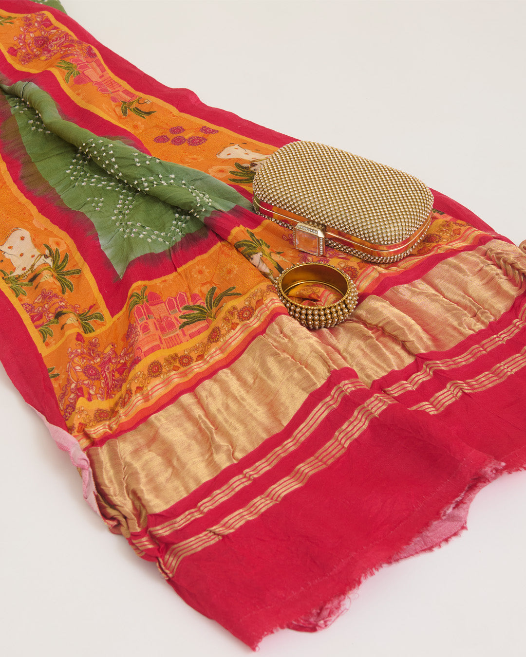 Pink & Green Gaji Silk Bandhej Dupatta with Pichwai Printed Pallu