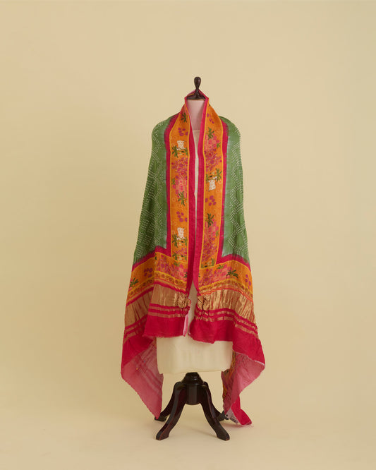 Pink & Green Gaji Silk Bandhej Dupatta with Pichwai Printed Pallu