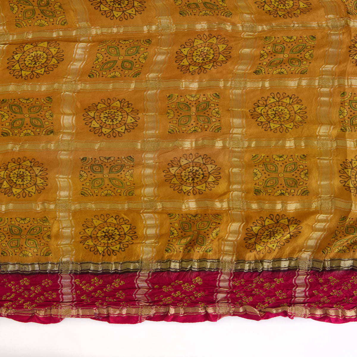 Pink Yellow Gaji Silk Checks Ajrakh Print Bandhej Lagdi Patta Dupatta
