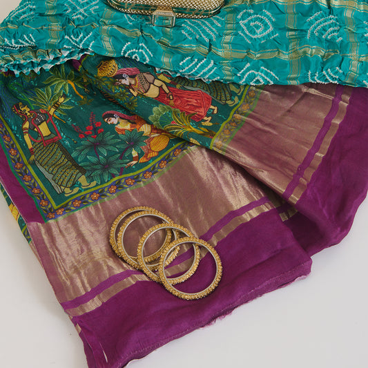 Phirozi Purple Gaji Checks Bandhej Lagdi Patta Pichwai Pallu Dupatta