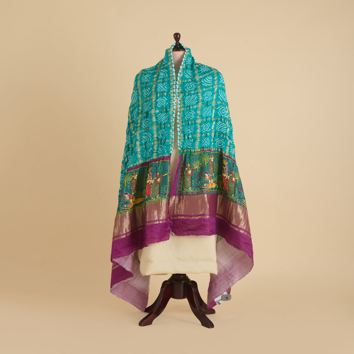 Phirozi Purple Gaji Checks Bandhej Lagdi Patta Pichwai Pallu Dupatta